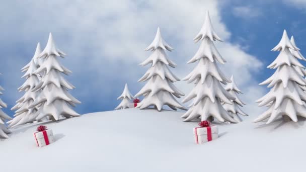 Fondo Navidad Invierno Pinos Nevados Cajas Regalo Navidad Con Nieve — Vídeo de stock