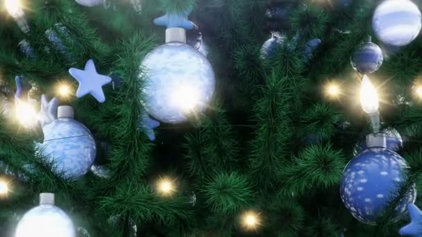 Decorated Christmas Tree Sparkling Light Garland Balls Stars Falling Snowflakes — Stock Video