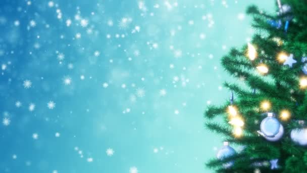 Weihnachtsbaum Mit Funkelnden Lichterketten Kugeln Und Sternen Schneeflocken Fallen — Stockvideo