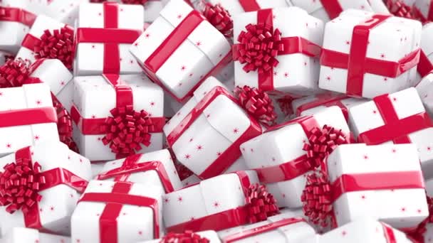 Χριστουγεννιάτικα Κουτιά Δώρου Φιόγκους Και Κορδέλες Εορταστικό Φόντο — Αρχείο Βίντεο