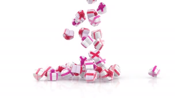 Fallende Herzen Förmige Geschenkboxen Auf Weißem Hintergrund — Stockvideo