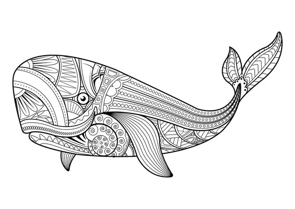 Ilustración vectorial de ballena en estilo zentangle — Vector de stock