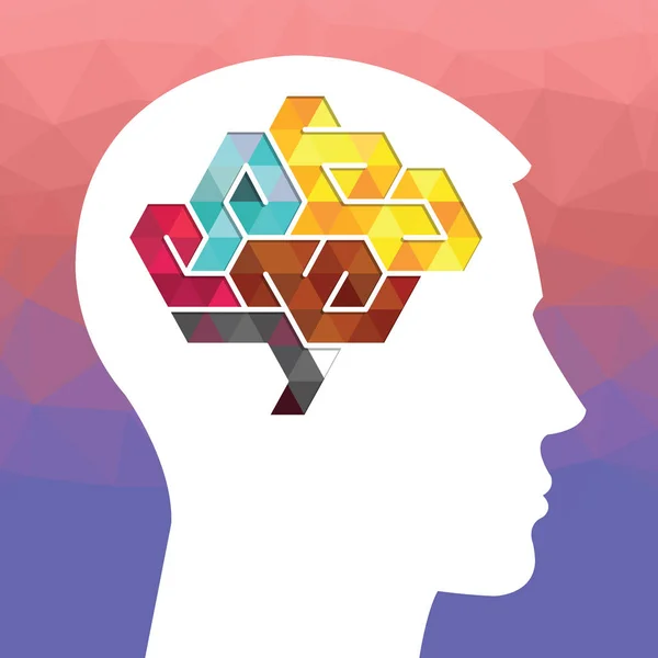 Profile of a human head with a colored low poly symbol of the br — Stock Vector