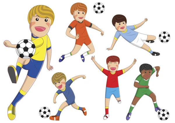 Wektor kreskówka chłopców gry w piłkę nożną na na białym tle — Wektor stockowy