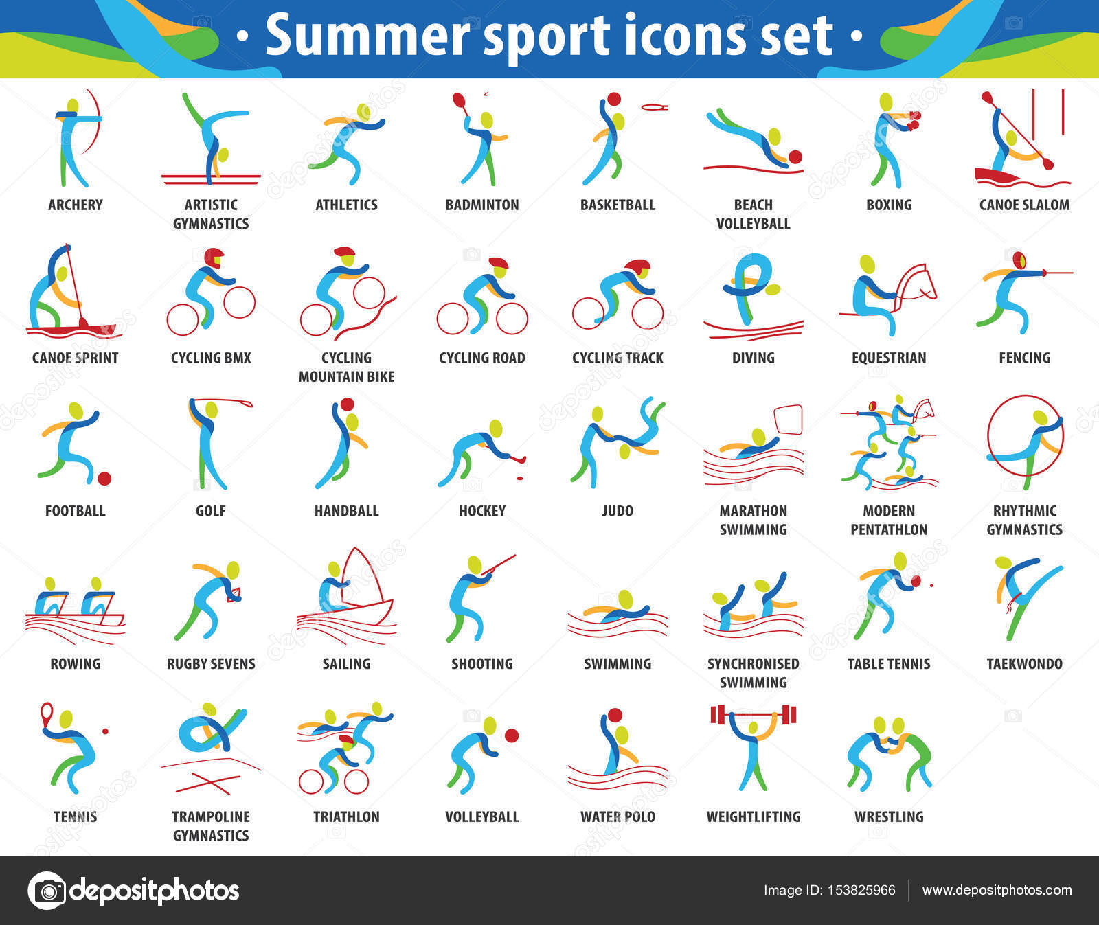 Esporte colorido abstrato. Jogos Olímpicos de Verão conjunto de ícones  imagem vetorial de lumyaisweet© 153825966