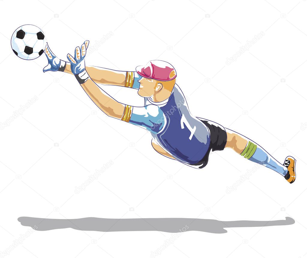 Soccer Goalkeeper Protecting gates. Vector flat illustration