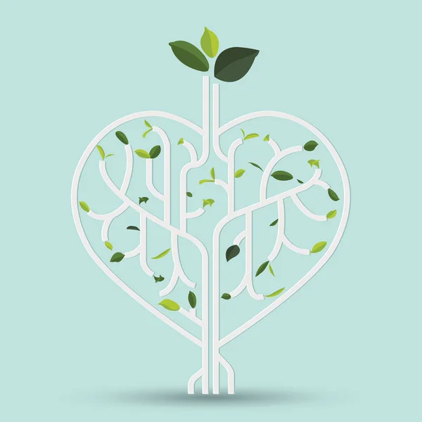 Shape heart with green leaf. Gray outline vector illustration. — Stock Vector