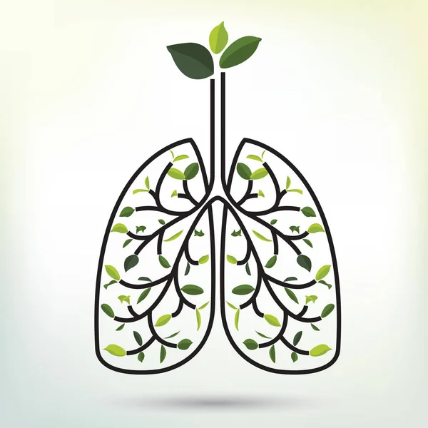 Lungs with Green leaf. Black outline vector illustration. — Stock Vector