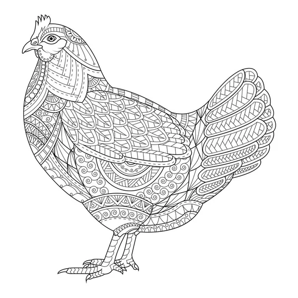 Zentangle de frango estilizado para colorir livro para adulto, tatuagem , — Vetor de Stock
