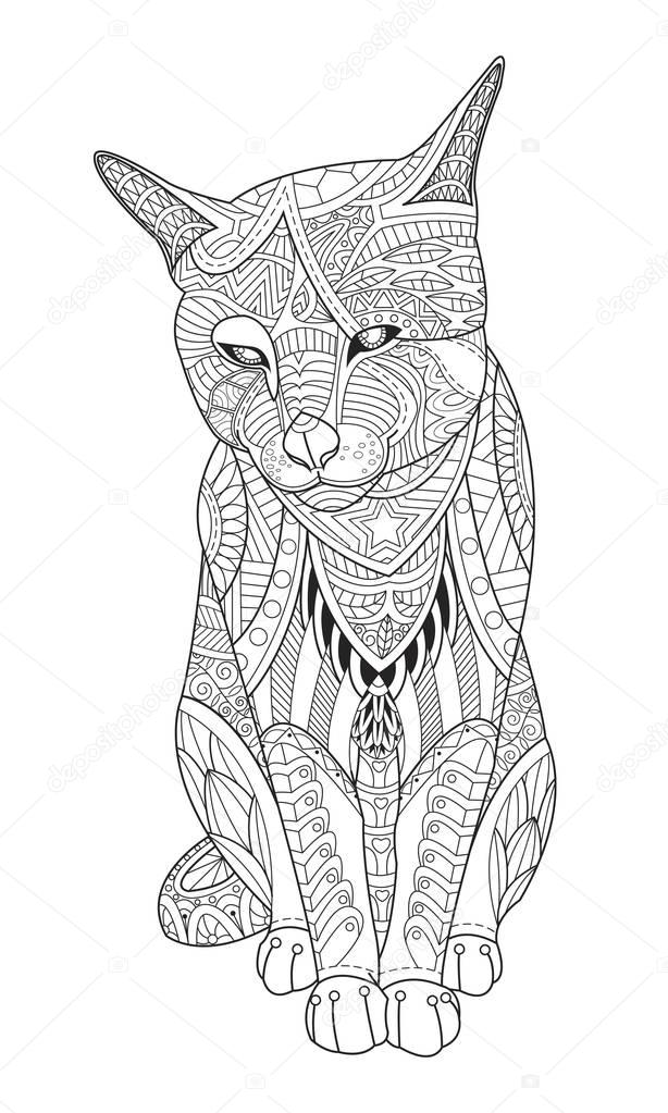 Drawing cat for the coloring book for adults. Vector illustration in zentangle style. Isolated on white background.