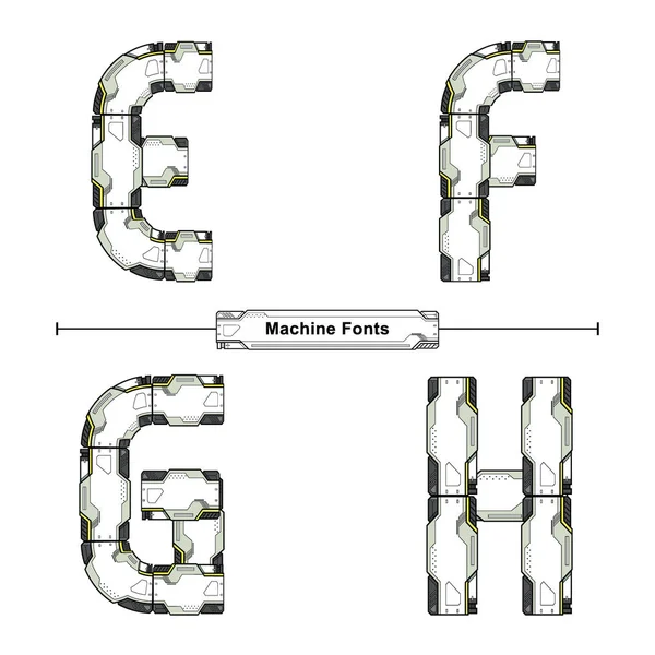 Tipografía del alfabeto Fuente Futurista Estilo máquina en un conjunto EFGH — Vector de stock