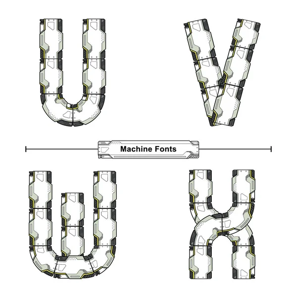 Tipografía del alfabeto Fuente Futuristic Machine style in a set UVWX — Vector de stock
