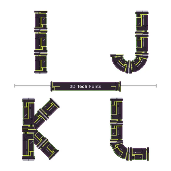 Typography Alphabet Gaya 3D Green Tech dalam set IJKL - Stok Vektor