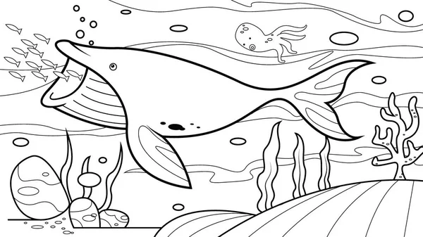 고래 가 바다 밑에 있다. 색칠 책 벡터 — 스톡 벡터
