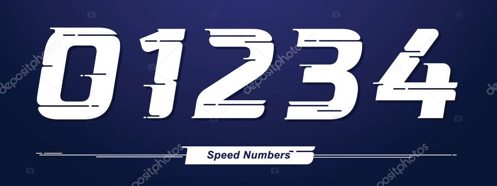 Vector graphic numbers in a set 0,1,2,3,4, with Speed font style. for event, promo, logo, banner, monogram and poster. Typeset design.