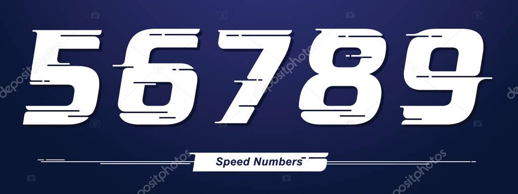 Vector graphic numbers in a set 5,6,7,8,9, with Speed font style. for event, promo, logo, banner, monogram and poster. Typeset design.