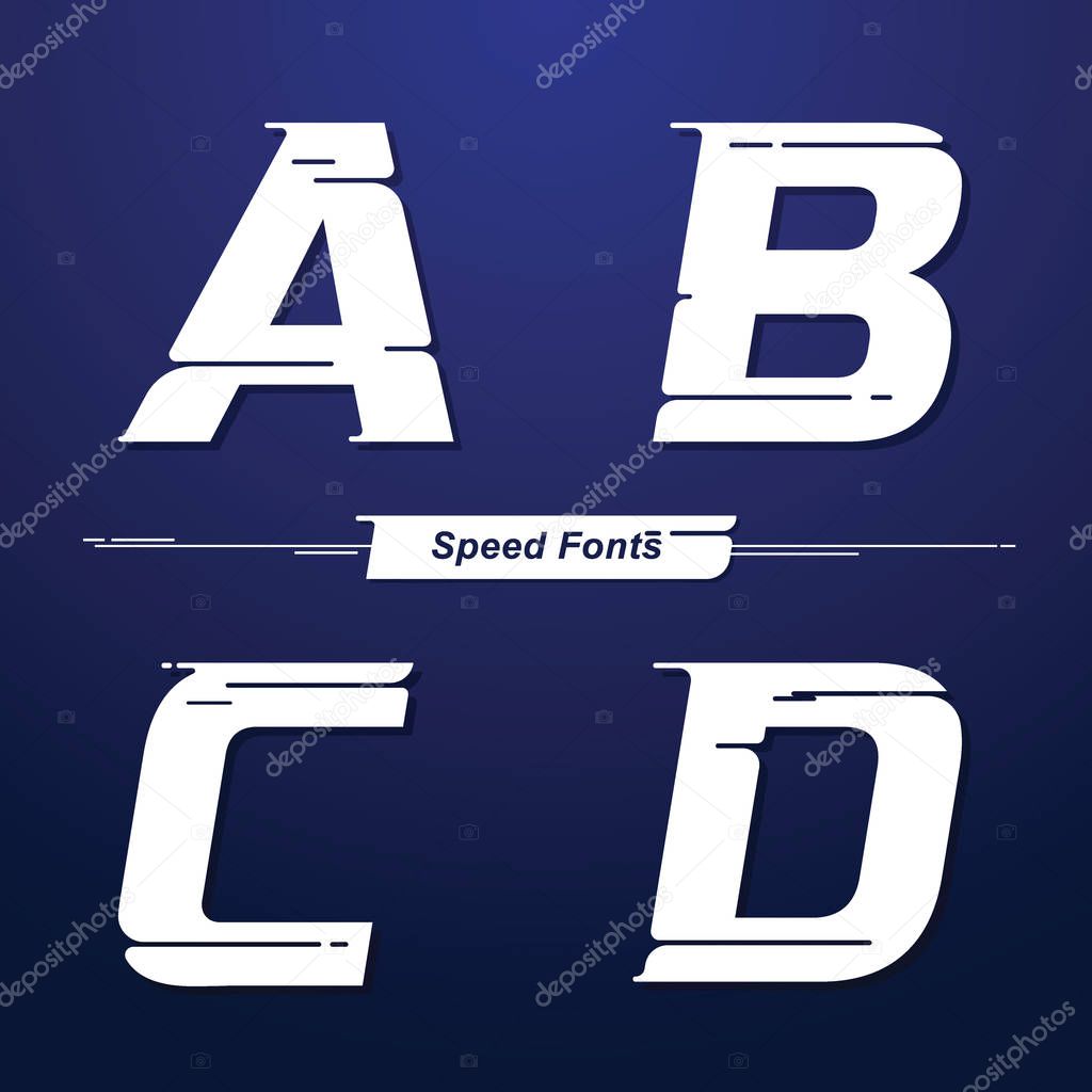 Vector graphic alphabet in a set A,B,C,D, with Speed font style. for event, promo, logo, banner, monogram and poster. Typeset design.