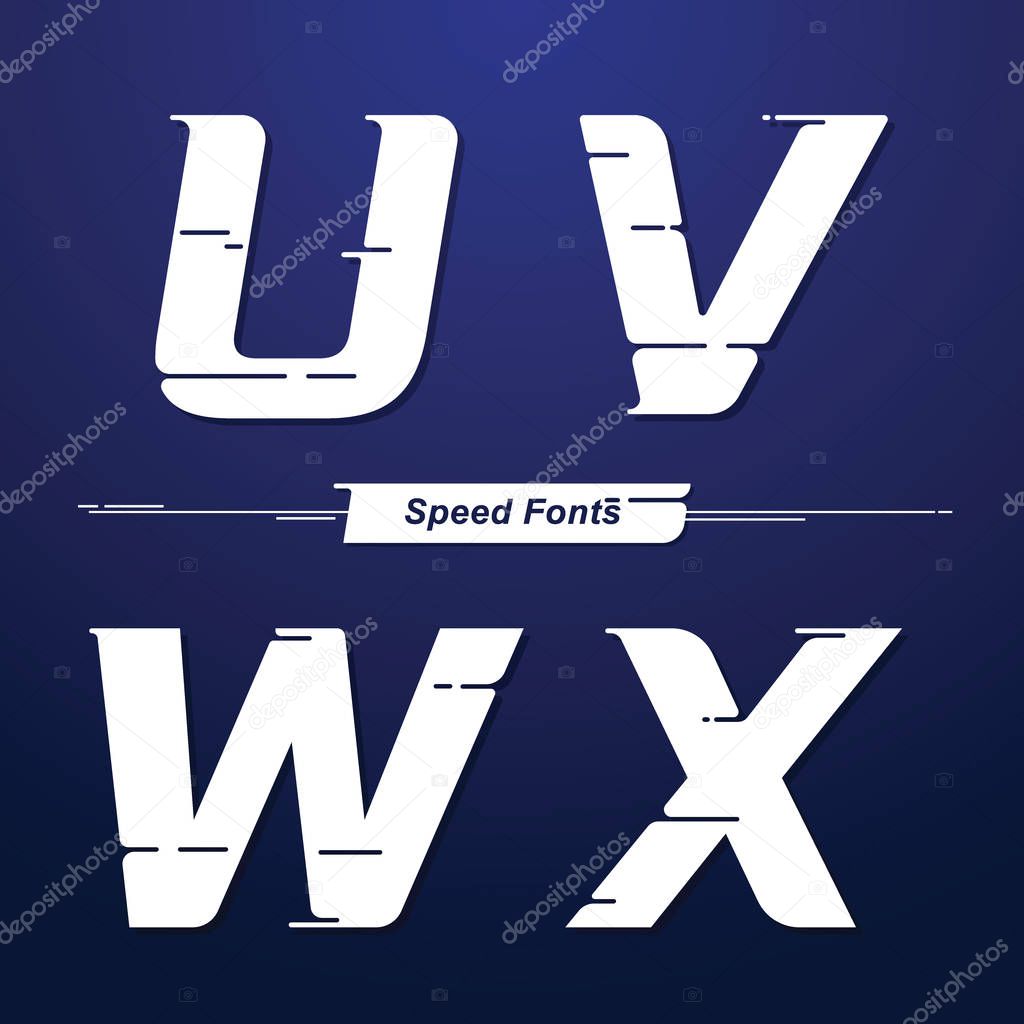 Vector graphic alphabet in a set U,V,W,X, with Speed font style. for event, promo, logo, banner, monogram and poster. Typeset design.