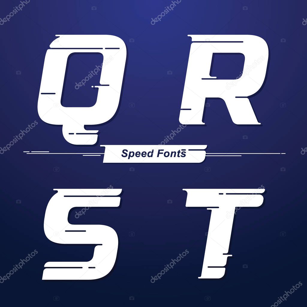 Vector graphic alphabet in a set Q,R,S,T, with Speed font style. for event, promo, logo, banner, monogram and poster. Typeset design.