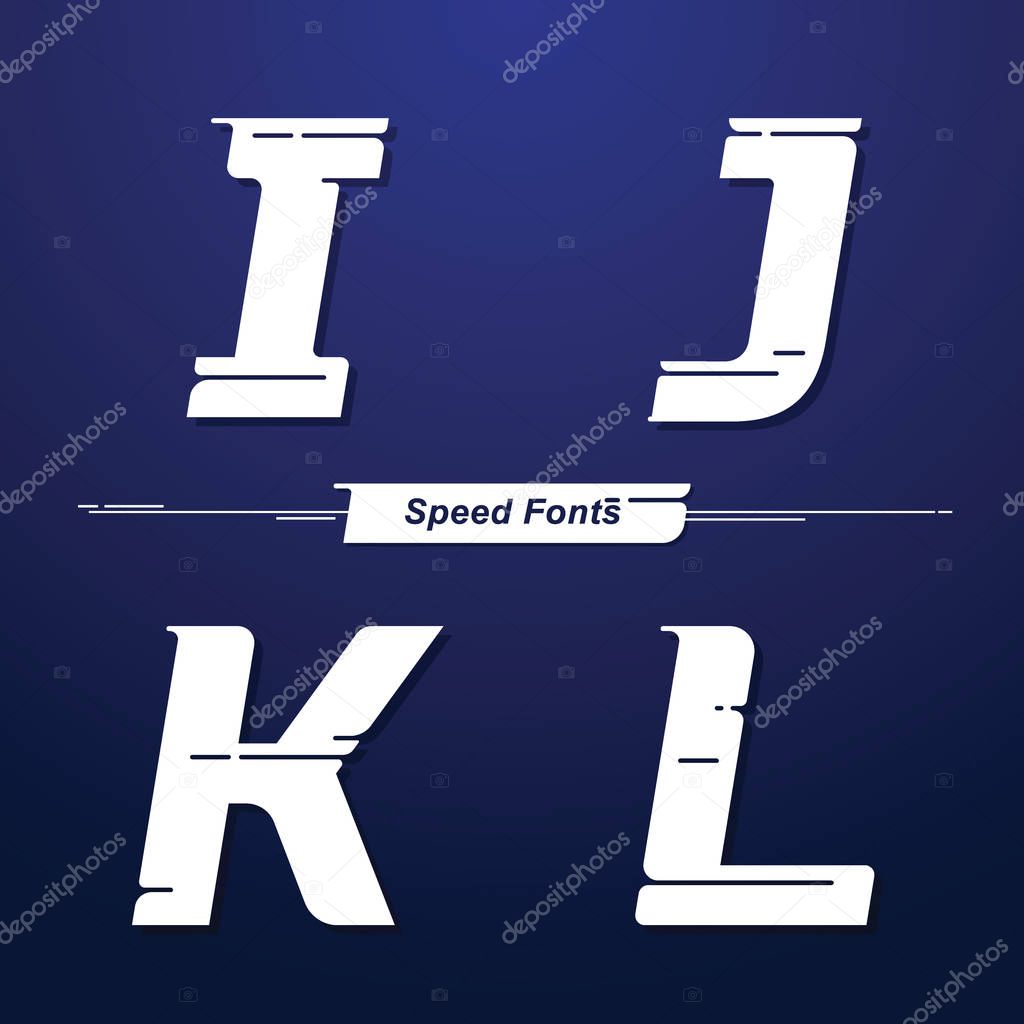 Vector graphic alphabet in a set I,J,K,L, with Speed font style. for event, promo, logo, banner, monogram and poster. Typeset design.