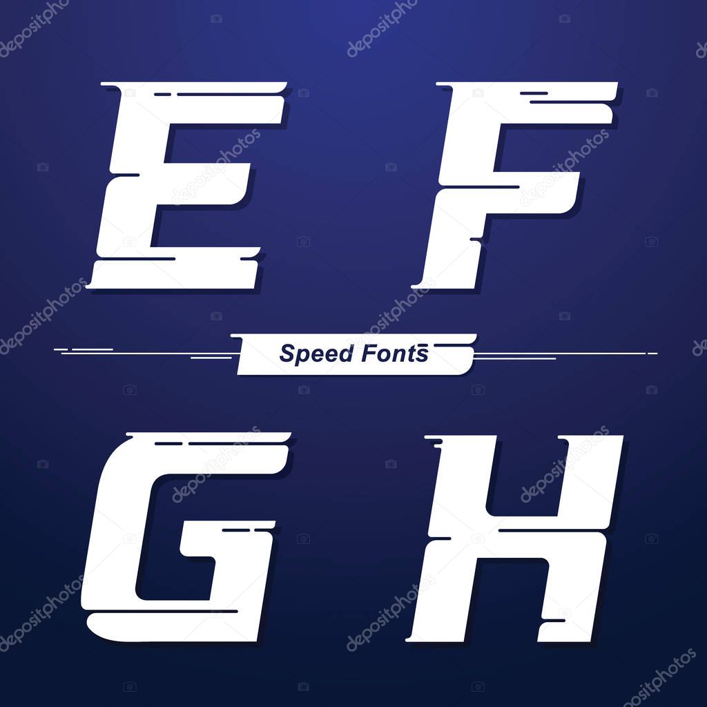 Vector graphic alphabet in a set E,F,G,H, with Speed font style. for event, promo, logo, banner, monogram and poster. Typeset design.