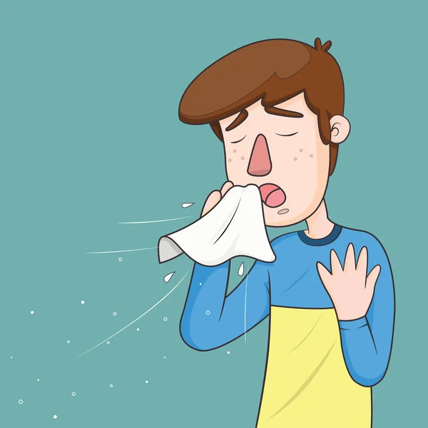 Hombre Con Estornudos Con Spray Pequeñas Gotas Cómico Dibujos Animados — Vector de stock