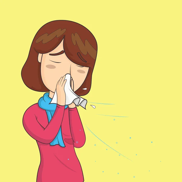 スプレーと小さな滴でくしゃみをする女性コミック 健康の概念 ベクターイラスト — ストックベクタ