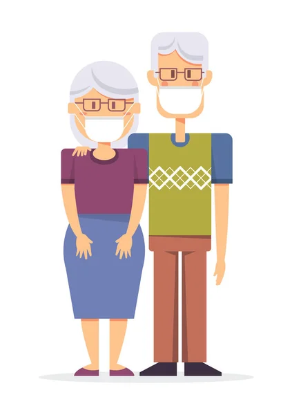 Old Man Old Woman Wearing Glasses Standing Wearing Protective Medical — Stock Vector