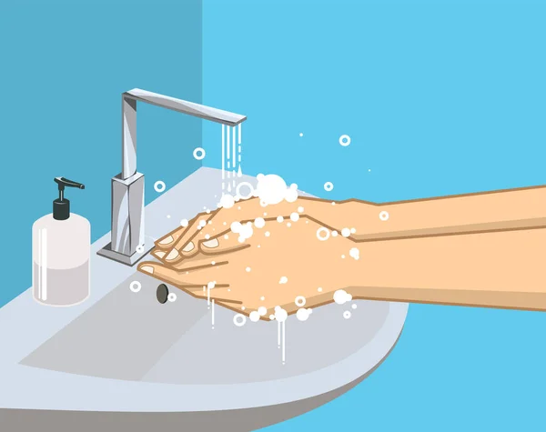 Mencuci Tangan Dengan Sabun Bawah Keran Dengan Air Kebersihan Dan - Stok Vektor