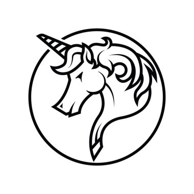 Tek boynuzlu atın siyah silueti. Beyaz arka planda izole edilmiş. Vektör çizimi. Grafik simgesi, yazdırma veya logo.