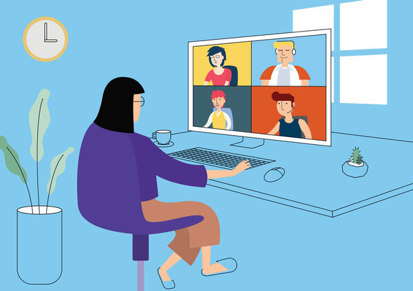 Work from home illustration, video call group conference online communication. flat design vector.