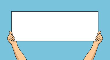 Mavi arka planda beyaz, boş bir kağıdı tutan el. Vektör illüstrasyonu.