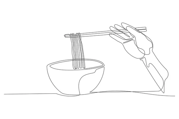 Συνεχής Γραμμή Σχέδιο Noodle Διπλό Μπολ Ξυλάκια Στο Χέρι Απομονωμένο — Διανυσματικό Αρχείο