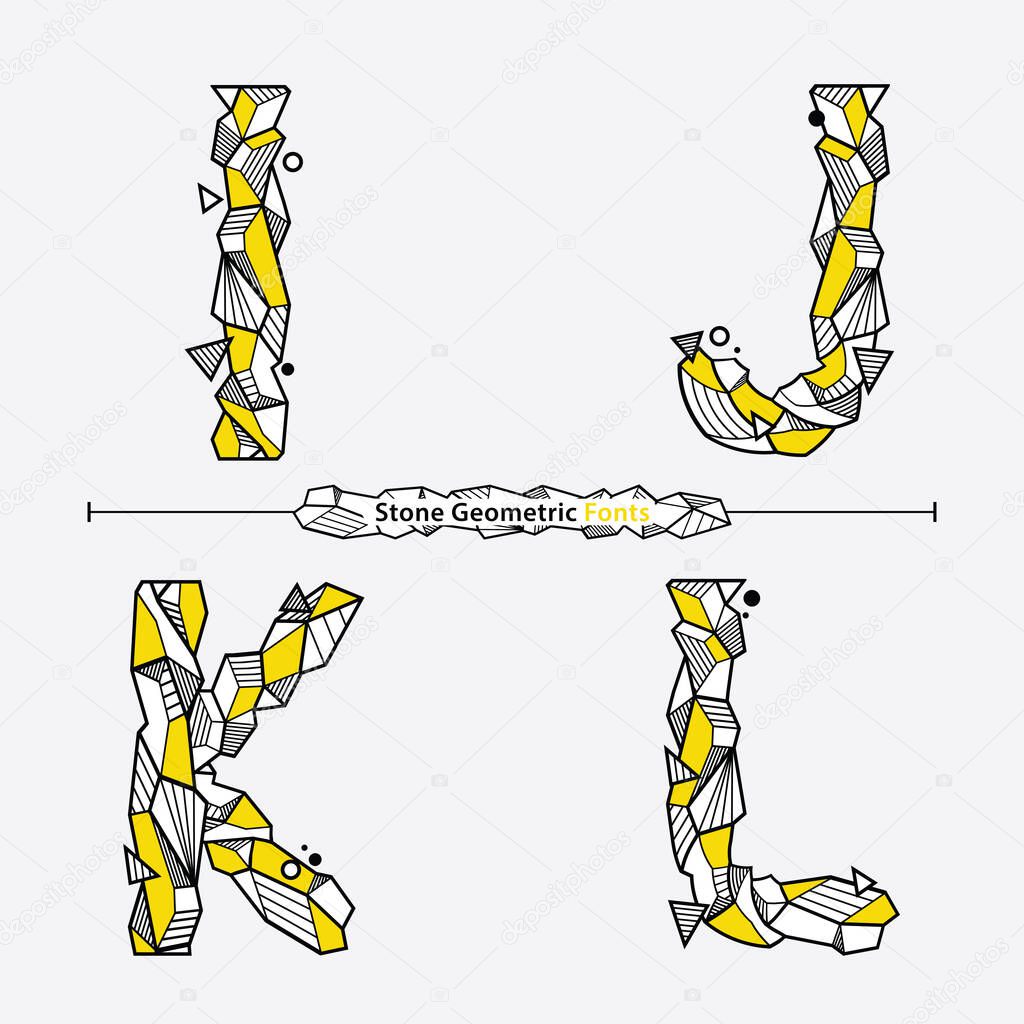 Vector graphic alphabet in a set I,J,K,L, with Neo Memphis Geometric Rock Stone fonts style