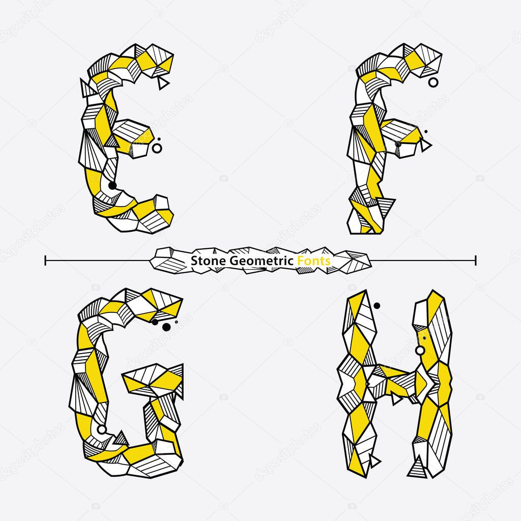 Vector graphic alphabet in a set E,F,G,H, with Neo Memphis Geometric Rock Stone fonts style