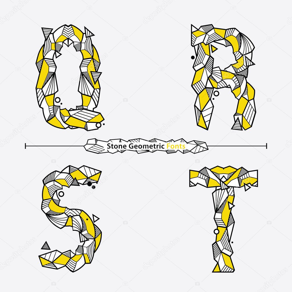 Vector graphic alphabet in a set Q,R,S,T, with Neo Memphis Geometric Rock Stone fonts style