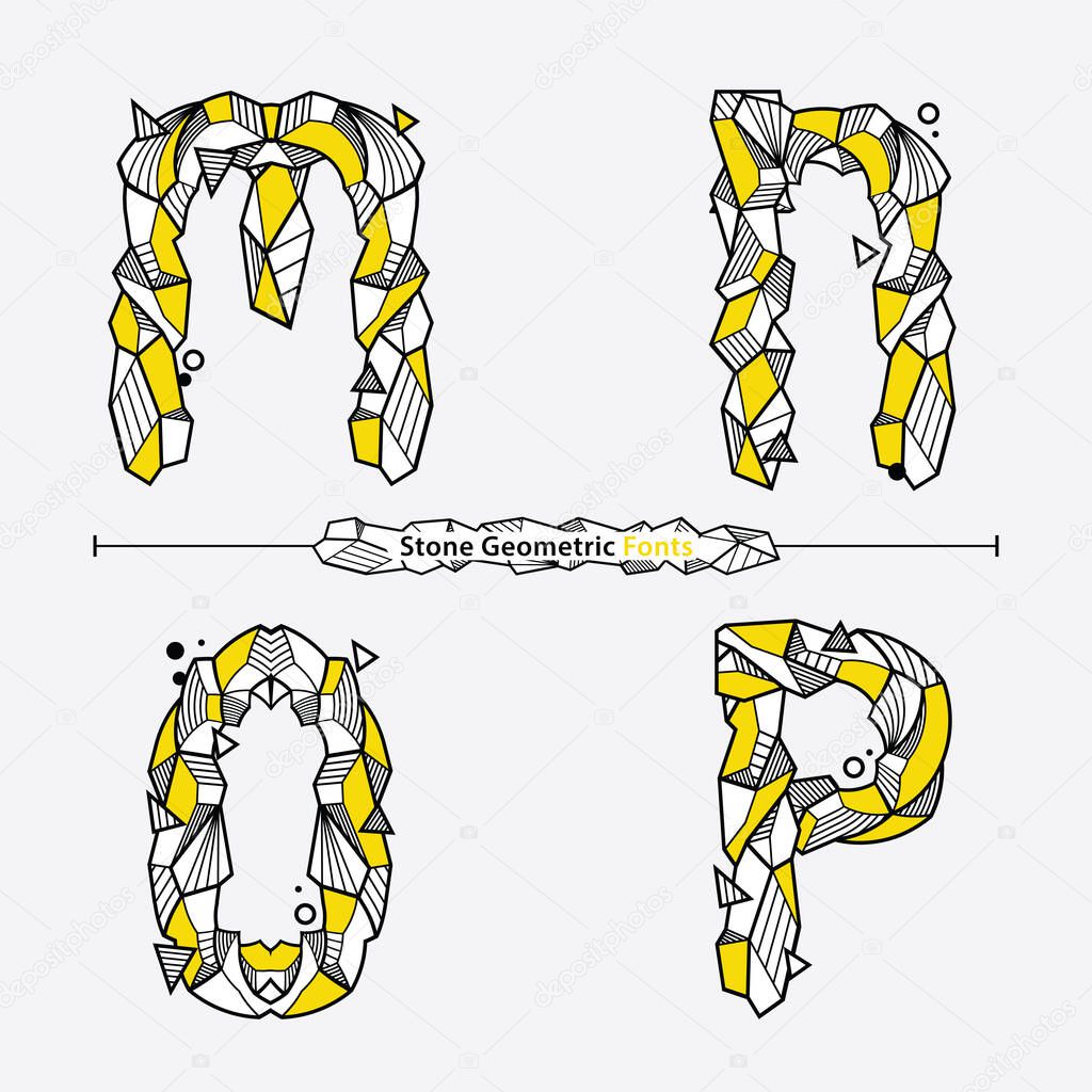 Vector graphic alphabet in a set M,N,O,P, with Neo Memphis Geometric Rock Stone fonts style