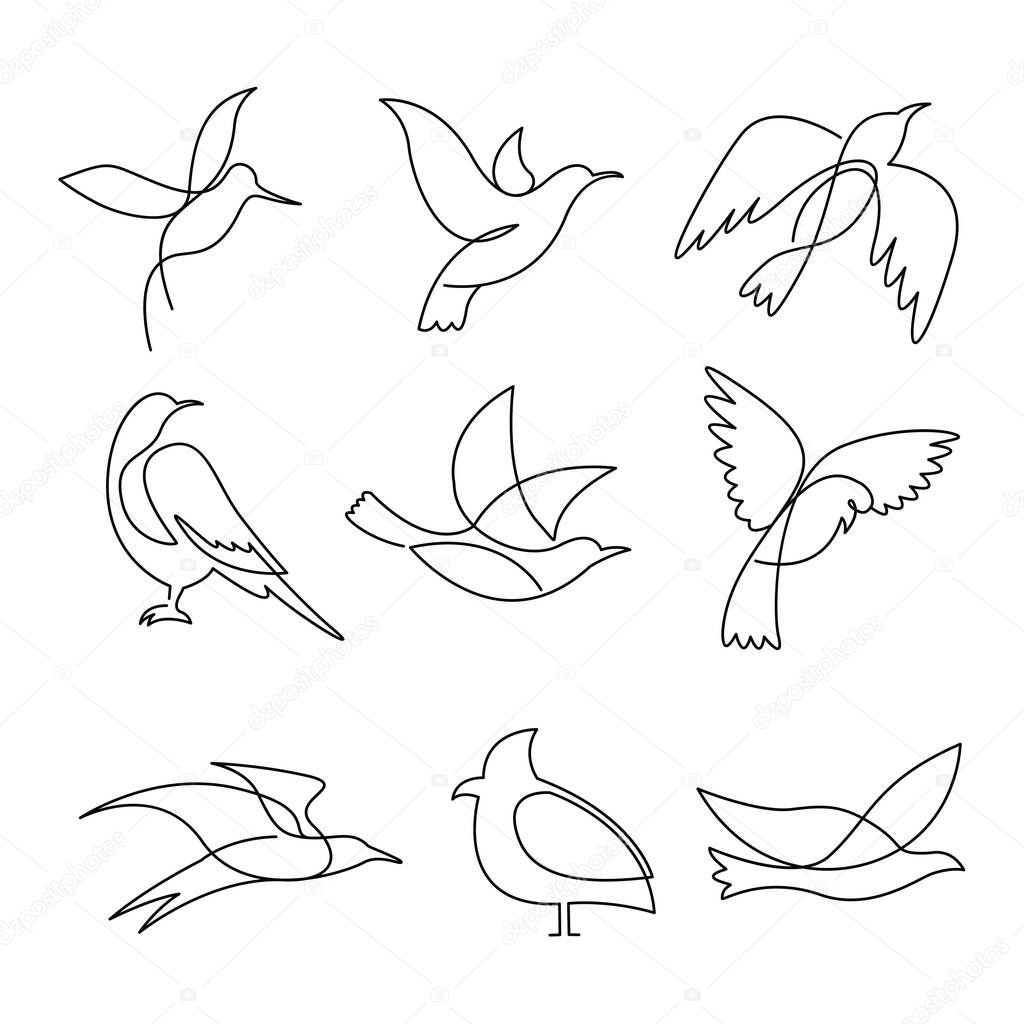 Birds continuous line drawing elements set isolated on white background. Vector illustration.