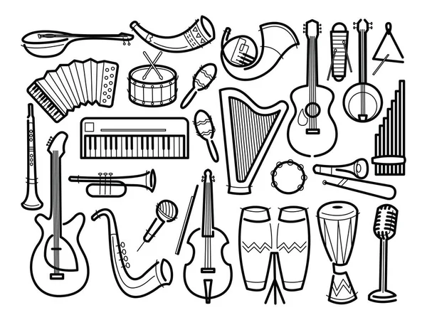 Colección Iconos Dibujados Mano Tema Musical Iconos Instrumentos Musicales Inscripción — Vector de stock