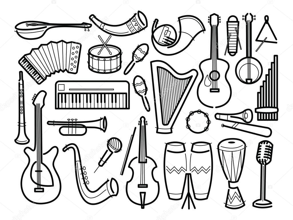 Collection of hand drawn icons. Musical theme. Icons of musical instruments. Hand-written inscription. Vector illustration