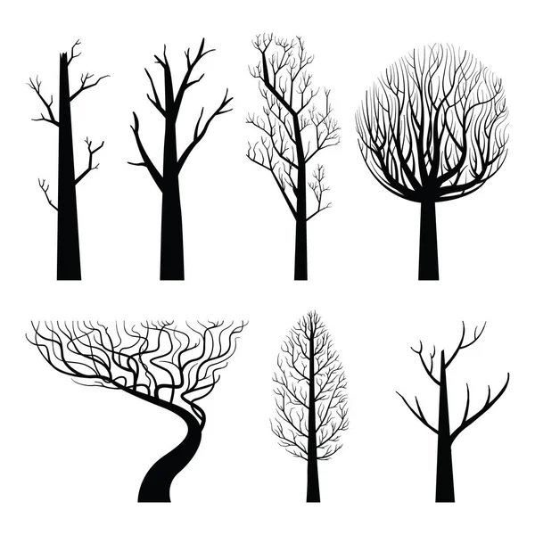 Naked Trees Silhouettes Set Vector Hand Drawn Isolated Illustrations — Stock Vector