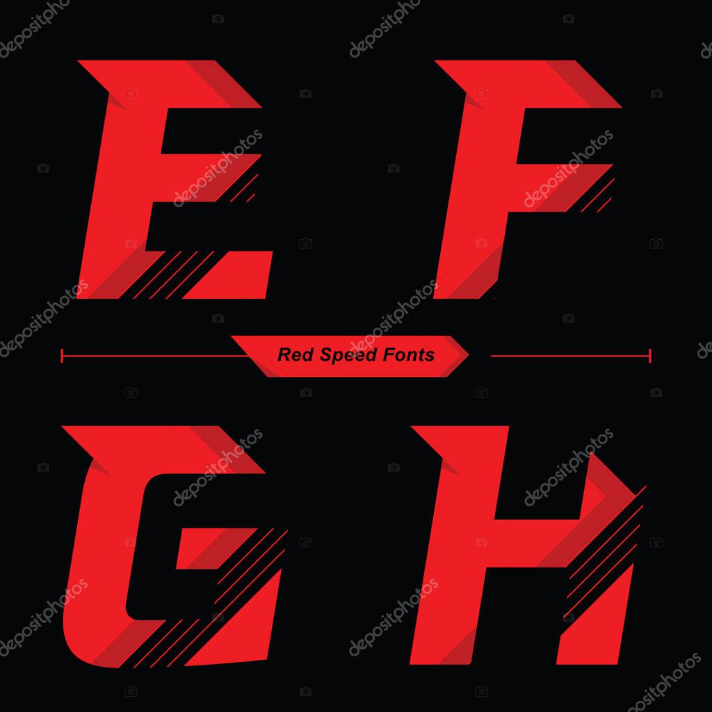 Vector graphic alphabet in a set E,F,G,H, with Abstract Red Speed font style