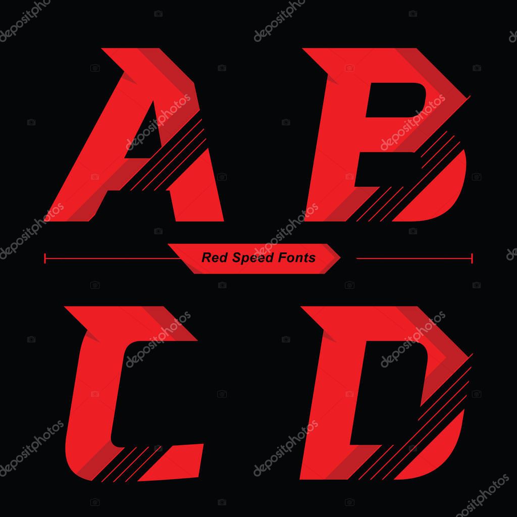 Vector graphic alphabet in a set A,B,C,D, with Abstract Red Speed font style