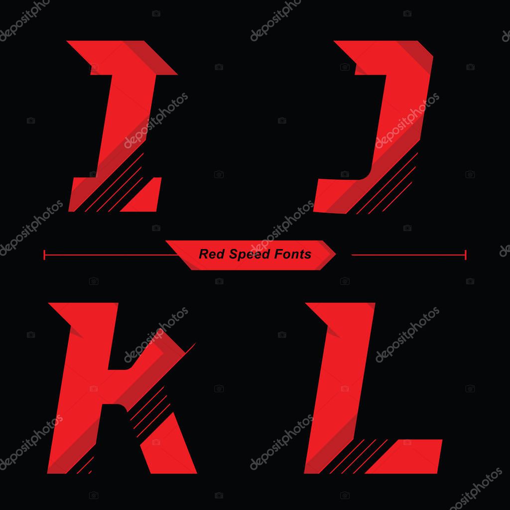 Vector graphic alphabet in a set I,J,K,L, with Abstract Red Speed font style