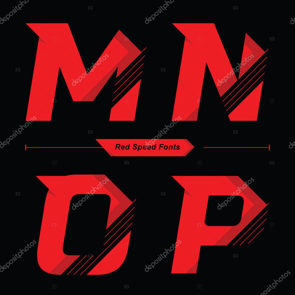 Vector graphic alphabet in a set M,N,O,P, with Abstract Red Speed font style