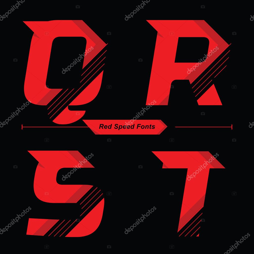 Vector graphic alphabet in a set Q,R,S,T, with Abstract Red Speed font style