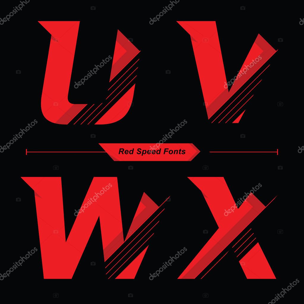 Vector graphic alphabet in a set Q,R,S,T, with Abstract Red Speed font style