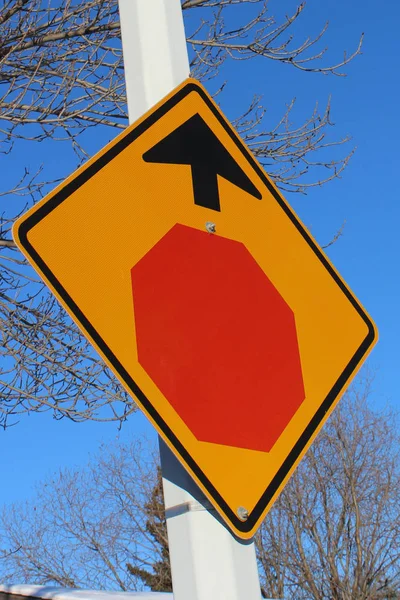 Stop Sign vooruit tegen blauwe hemel en bomen — Stockfoto