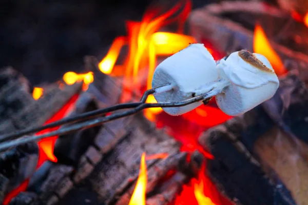 Braten von Marshmallows über einem bunten Lagerfeuer — Stockfoto