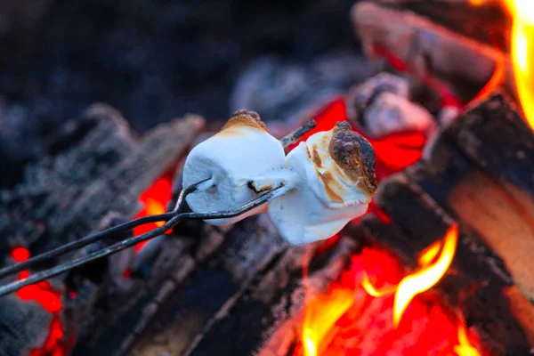 Roasting marshmallows for smores over a colorful campfire — Stock Photo, Image